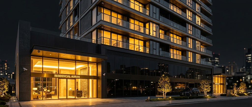 Fachada de edifício residencial moderno à noite