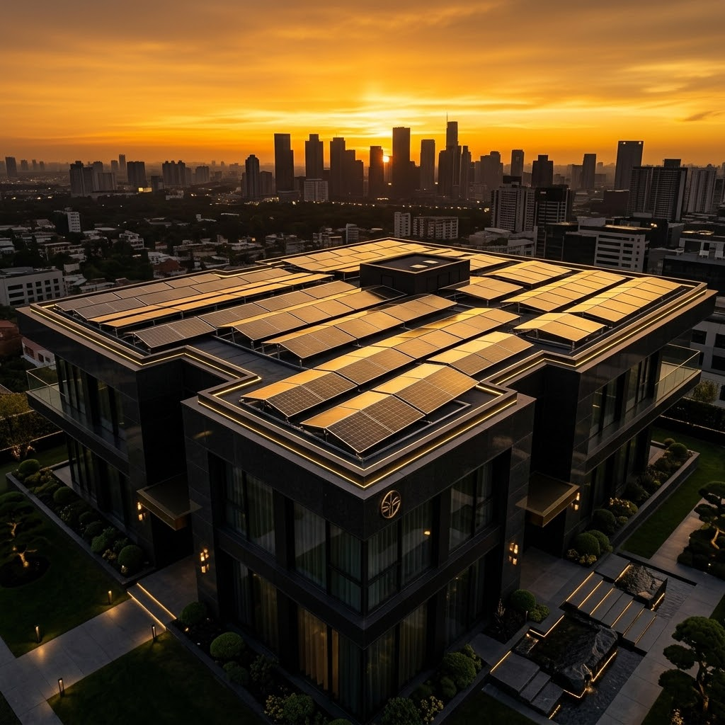 Painéis solares instalados na cobertura de um edifício moderno